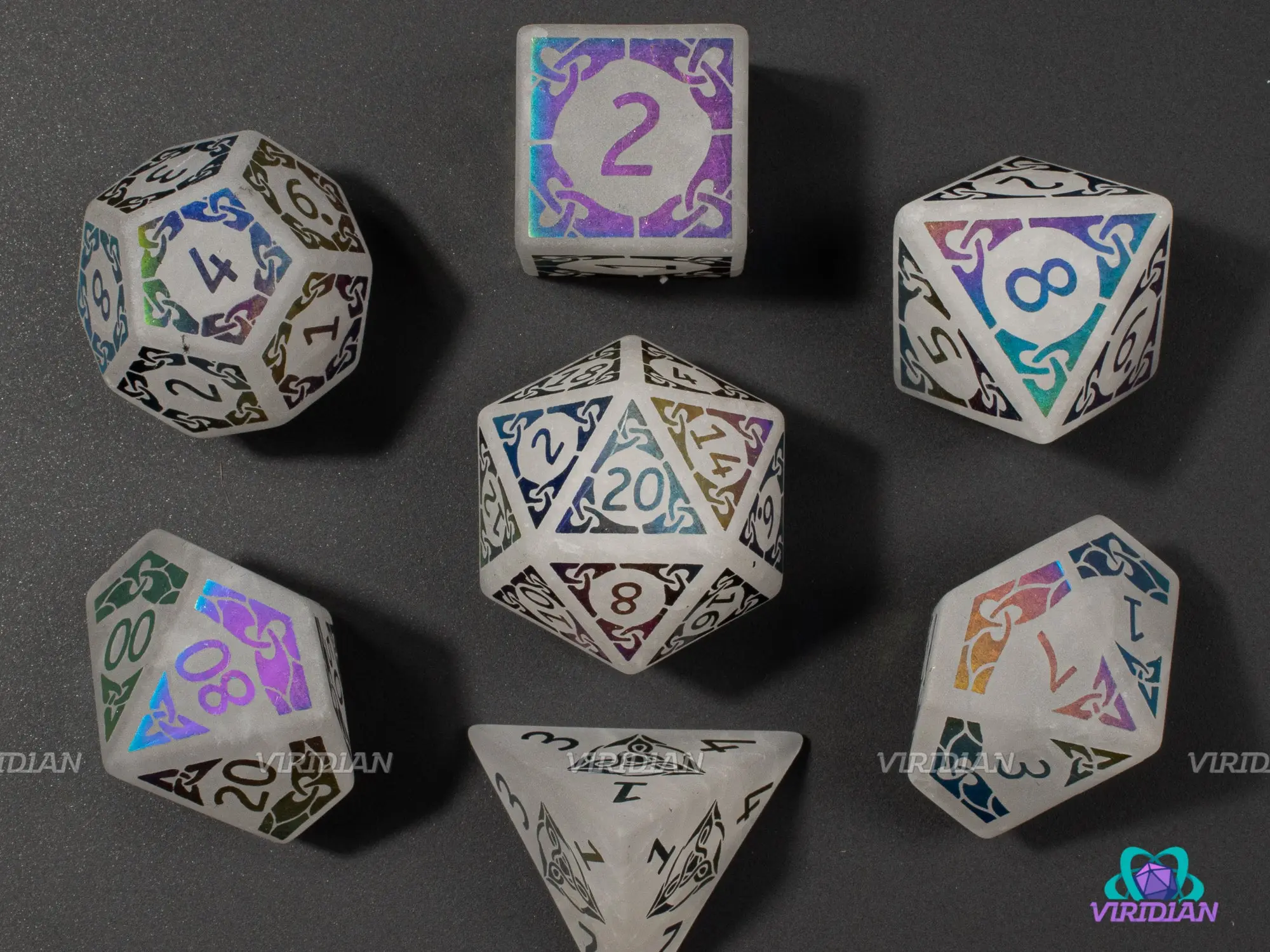 White Quartz with Rainbow | Iridescent Engraving | Real Gemstone Dice Set (7)