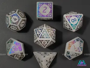 White Quartz with Rainbow | Iridescent Engraving | Real Gemstone Dice Set (7)