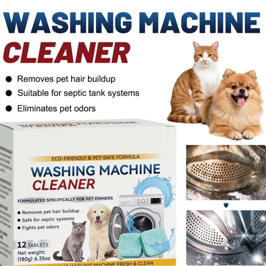 Pet Safe Washing Machine Cleaner Tablets 12 Pack, Deep Clean Washer Drum, Eliminate Pet Odors & Hair Buildup, Septic Safe Descaler for Front & Top Load Washers