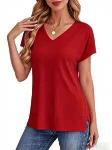 Women's Solid Color Knitted V-Neck Fitted Batwing Sleeve Basic T-Shirt, Perfect for Spring Summer, Casual Daily Wear Short Sleeve Top, Womenswear