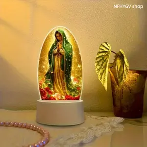 Single USB Powered Prayer Lamp Golden Halo Rose Pattern Acrylic LED Light Energy Saving Decorative Lighting Stable Base Ornament for Home Interior Decoration New House Layout And Baptism Scene Arrangement