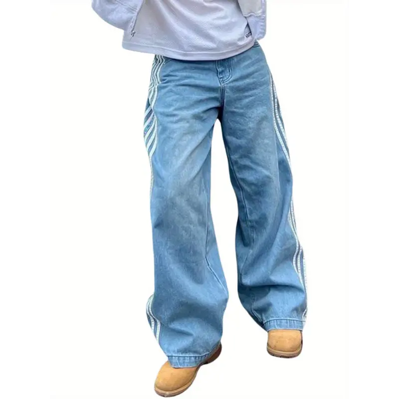 Women's Y2K Oversized Baggy Jeans with Side Stripes - Pink & White Contrast Color, Wide Leg Denim Pants, Loose Fit Low Waist Boyfriend Style Trousers, Retro Spring/Fall Fashion 2025 Trendy Womenswear Outfits