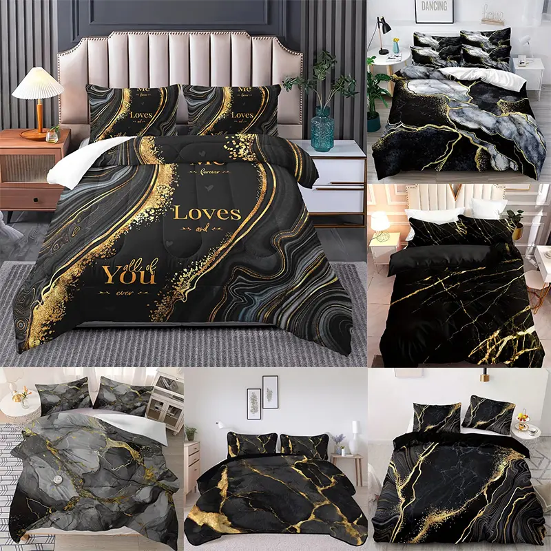Marble Pattern Decorative Hotel Style Bedding Set, Includes Duvet Cover and Two Pillowcases, 100% Polyester Fabric, Bedroom and Guest Room Use, Comfy Bed Sets, Hotel Quality Bedding