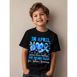 in April We Wear Blue Autism Awareness Novelty Awesome Graphic Kid T-Shirt Fashion Kid T Shirts Streetwear Tops Tees for Kid