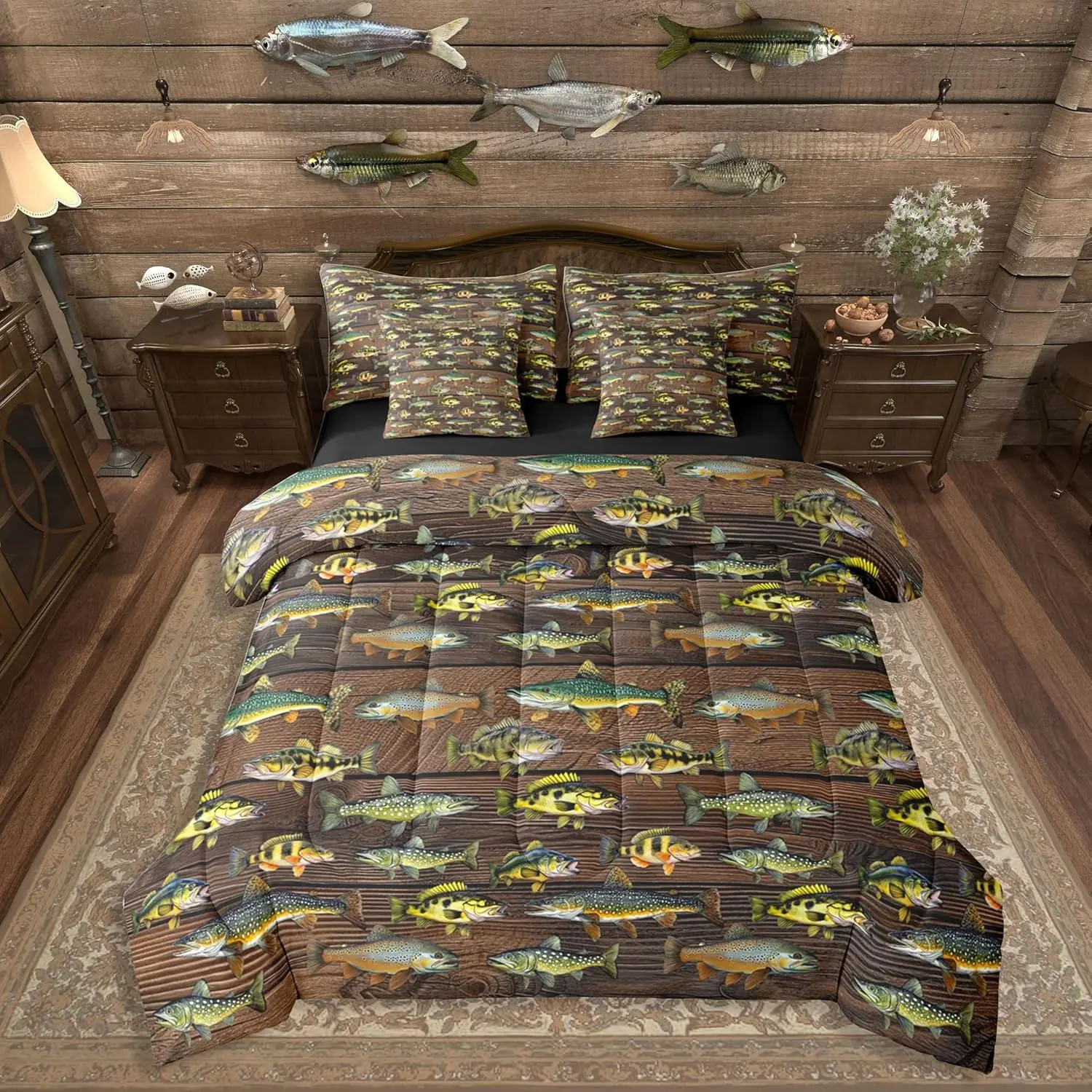 Hunting and Fishing Bedding Set,(7-Piece,) - Kids Fish Comforter Set with Sheets for Boys Girls Men Brown Wooden Plank Rustic Bed in A Bag Vintage Country Farmhouse Bed Sets