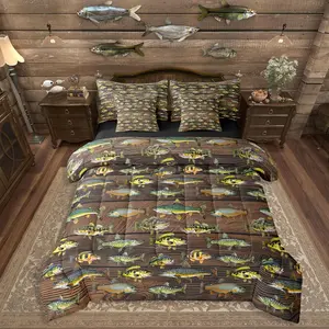 Hunting and Fishing Bedding Set,(7-Piece,) - Kids Fish Comforter Set with Sheets for Boys Girls Men Brown Wooden Plank Rustic Bed in A Bag Vintage Country Farmhouse Bed Sets