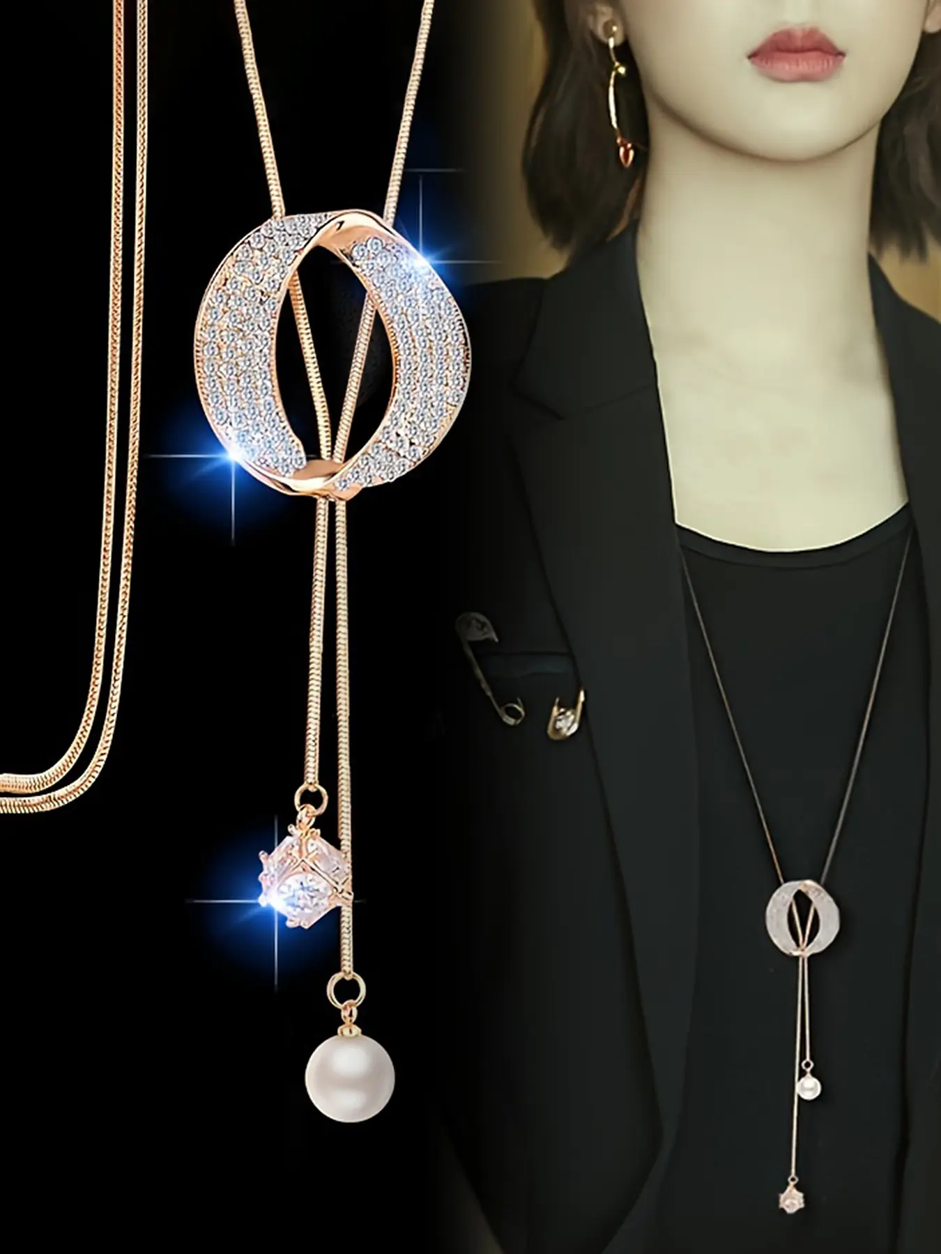 New Fashion O-Shaped Sparkling Rhinestone Long Sweater Chain, Versatile Clothes Decoration Necklace, Trendy Jewelry Accessory, Elegant Rhinestone Necklace, Rhinestone Decorated Necklace