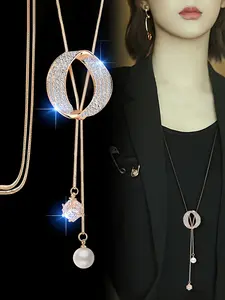 New Fashion O-Shaped Sparkling Rhinestone Long Sweater Chain, Versatile Clothes Decoration Necklace, Trendy Jewelry Accessory, Elegant Rhinestone Necklace