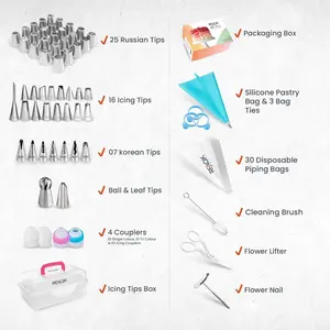 90Pcs Russian Piping Tips Set for cake and cookie decorating. Includes 25 Russian tips, 23 icing tips, and 31 pastry bags. Perfect for baking!