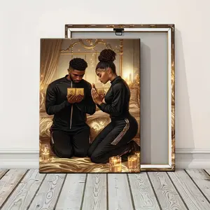 1pc Elegant African American Couple Prayer Art - Hyper-Realistic Black & Golden Religious Painting - Framed Canvas Print with Wooden Frame - Cultural Heritage Wall Decor for Living Room, Bedroom, Office - Abstract Face Design Artistic