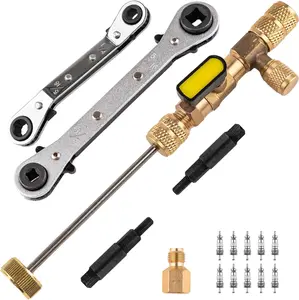 Valve Core Remover Installer Tool and HVAC Service Wrench Set with Hex Bit Adapters, Dual Size SAE 1/4 to 5/16 Port, 5/16'', 3/8'' Refrigeration Service Wrench, 10 Valve Core