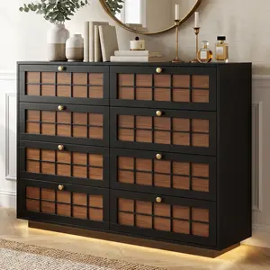Loomie 8 Drawer Dresser with Charging Station & LED Lights, Modern Chest of Drawers with Brown Plaid Fronts & Gold Metal Knobs, Floating Dresser TV Stand Storage Organizer for Bedroom Living Room