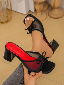 2026 Fashion Retro Red Bottom High Heeled Sandals, Bow Design High Heeled Slippers, Women's Elegant Square Head Sandals, Suitable for Dress and Summer Clothing Matching