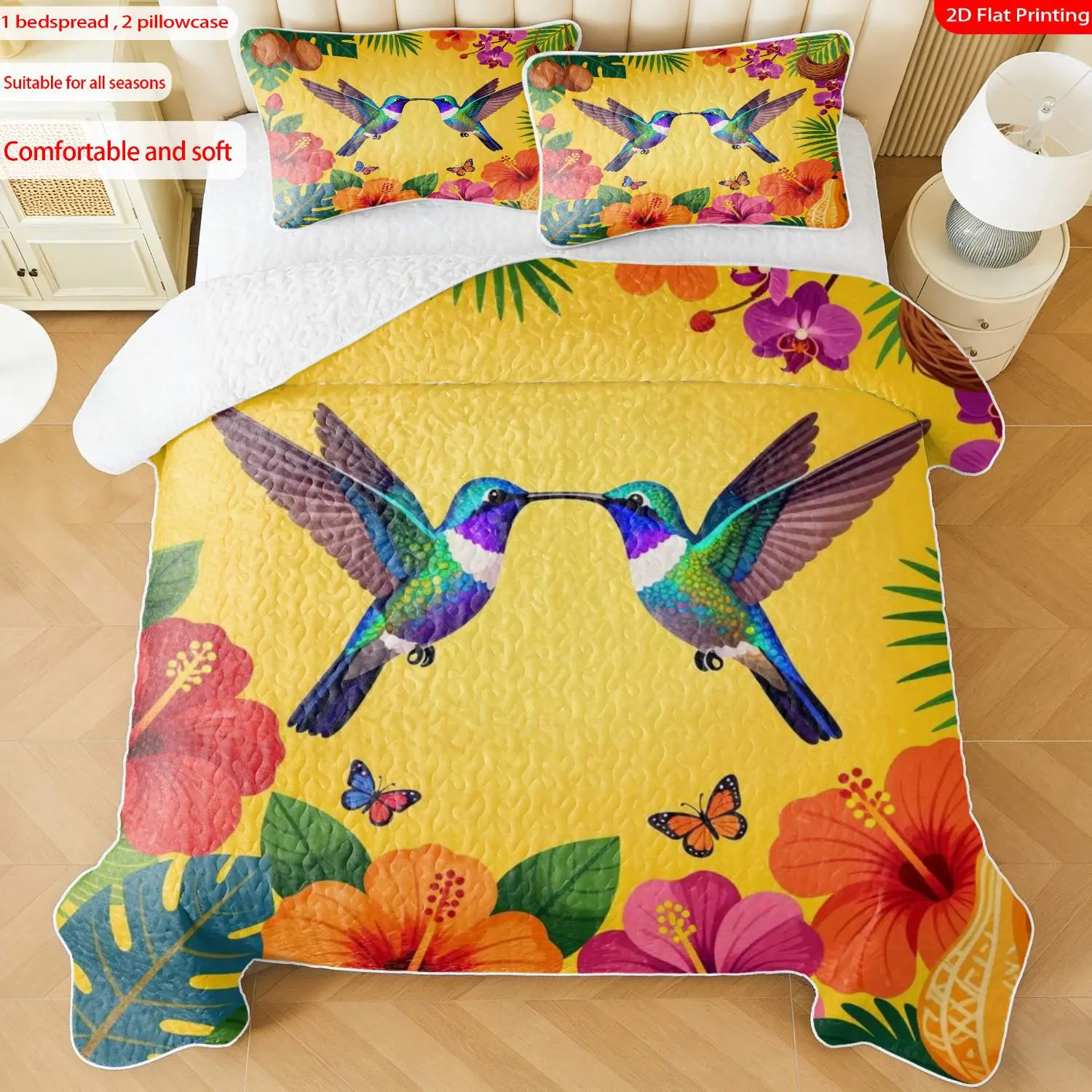 3 pcs, 2D Flat Print Tropical Hummingbird & Floral Pattern Bedspread Set, Soft and Comfortable, Multiple Sizes Available, Suitable for Gifting and Daily Use, Ideal for Creating a Cozy Home Atmosphere(1 bedspread , 2 pillowcases)