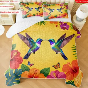3 pcs, 2D Flat Print Tropical Hummingbird & Floral Pattern Bedspread Set, Soft and Comfortable, Multiple Sizes Available, Suitable for Gifting and Daily Use, Ideal for Creating a Cozy Home Atmosphere(1 bedspread , 2 pillowcases)
