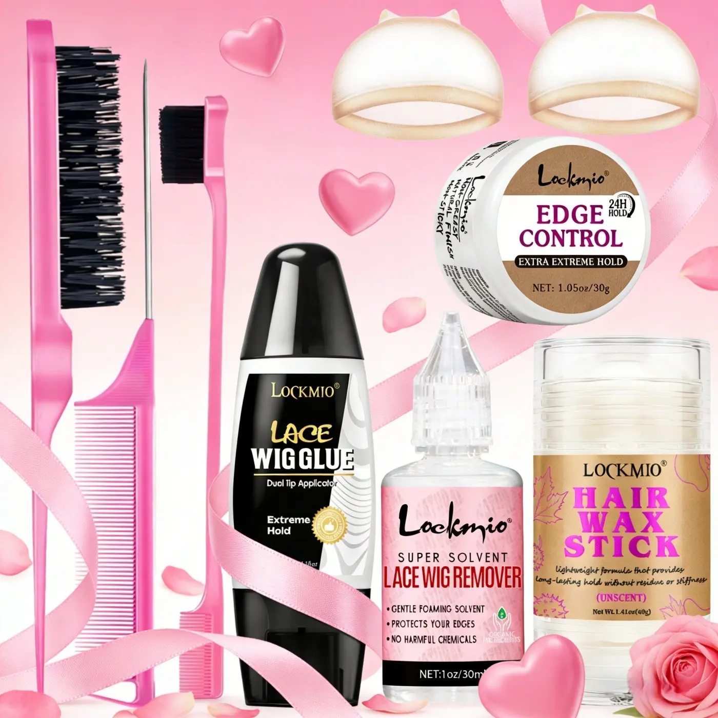 9pcs Wig Application Tool Set Double-ended lace wig glue with strong hold sweat-proof effect, equipped with glue remover, edge control  hair wax stick. Mild formula, long-lasting shaping, non-greasy, compact portable set for travel