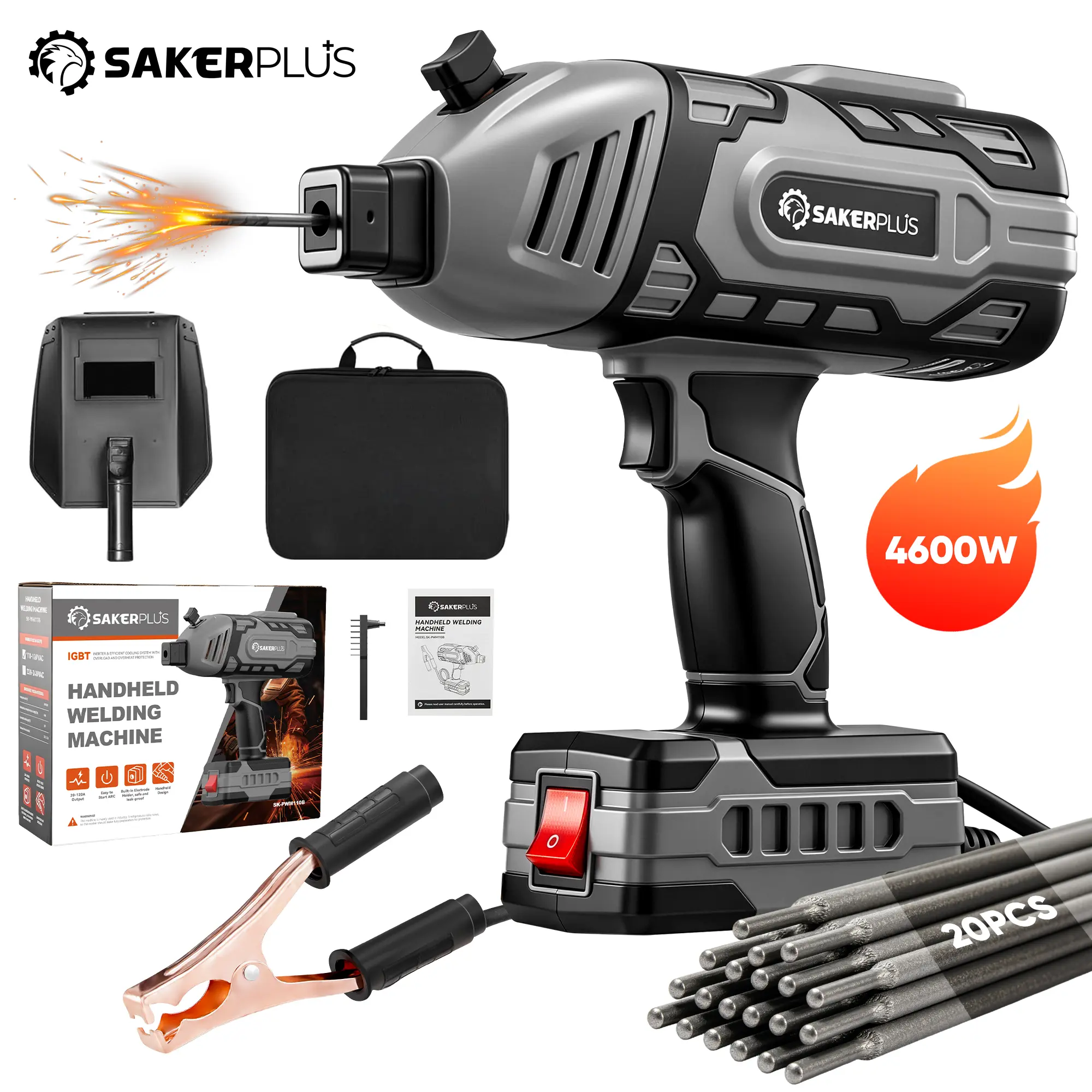 Saker Portable Welding Machine- 110-Volt Portable Welding Machine, Handheld Type, Using IGBT Converter, Capable of Achieving 5 Current Adjustments, Portable Arc Welding Gun, Suitable for 3/32 Inch Steel Bars, Equipped with Welding Rods