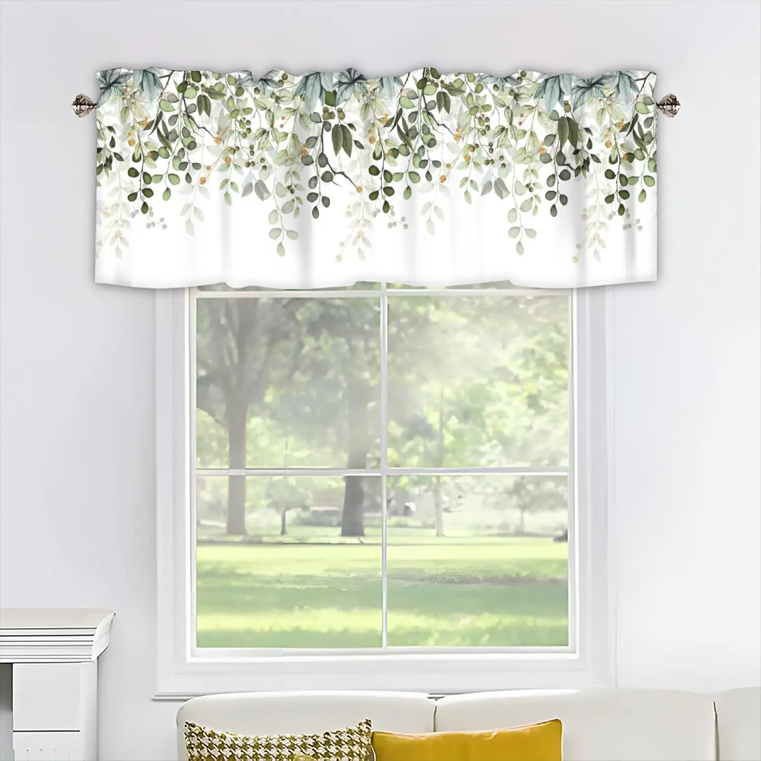Watercolor Eucalyptus Leaves Curtain Valance Sage Green 1 Panel 54x18 In Short Window Treatment for Kitchen Bathroom Windows