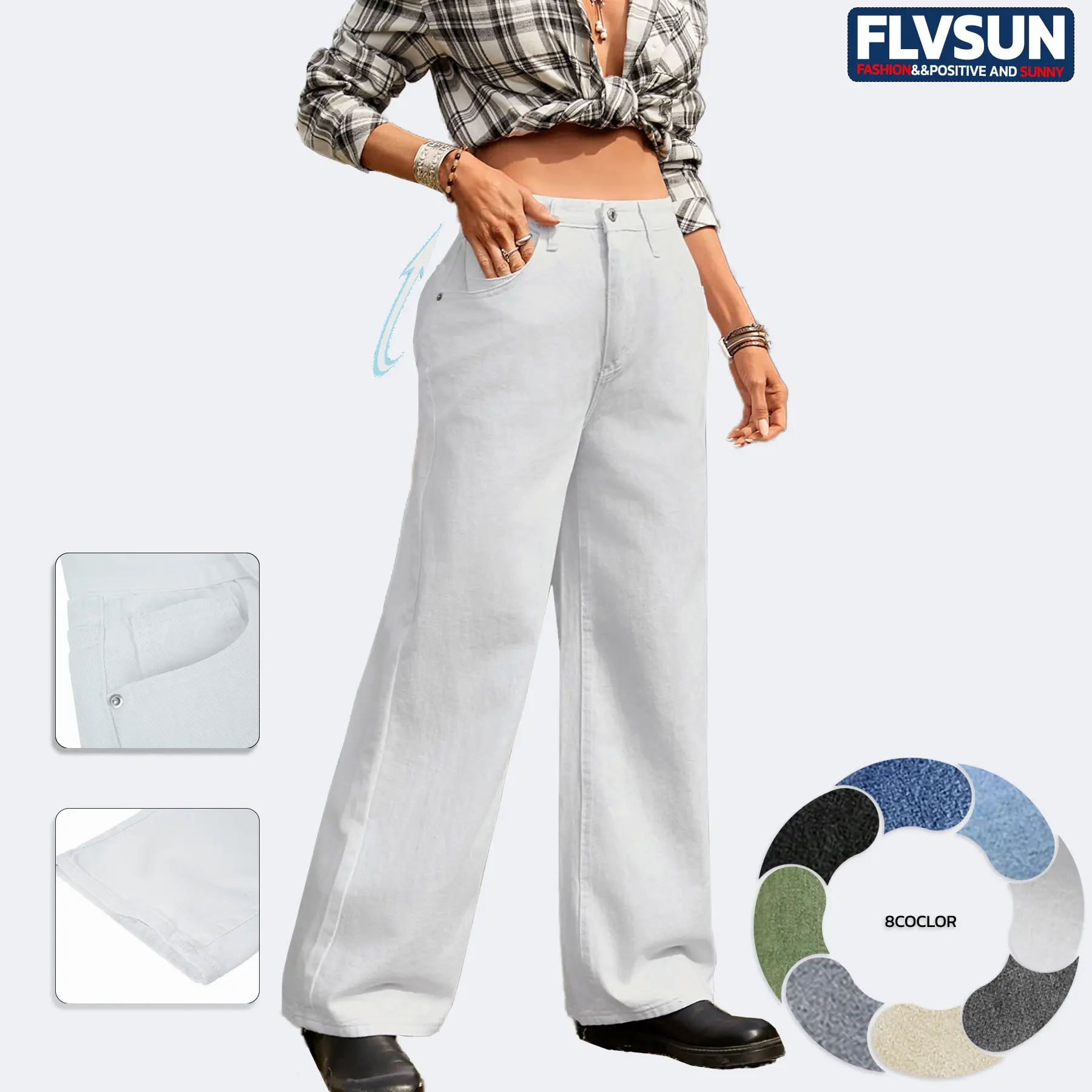High Waisted Wide-Leg Jeans for Women, Relaxed Fit Cotton Blend Trousers with 4 Pockets for Casual Streetwear, Thanksgiving, Minimalist, Easter, Basic, Bottom, Valentines Day