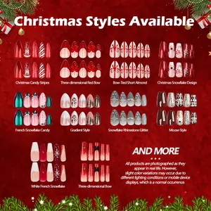 24 Pcs Christmas Press On Nails Full Set + Toppers Easy Wear C24PCS Press ons 3M Gel Jelly Nail Stickers with Cuticle Pusher Double Sided File Festive Designs for Holidays