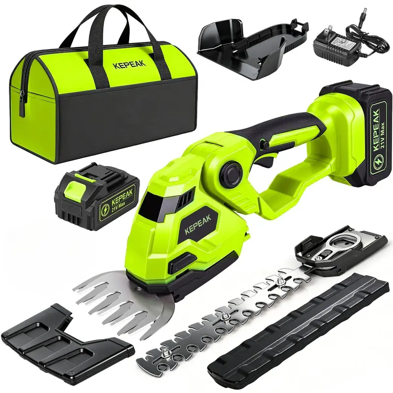 Cordless trimmer package contents including batteries charger gloves and goggles
