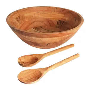 Luxe Designs Wooden Salad Bowl Set - Food-Safe & Sustainable Bowl for Fruits & Salads - Large Easy-to-Clean Bowl w/ Spoon & Fork (Natural)