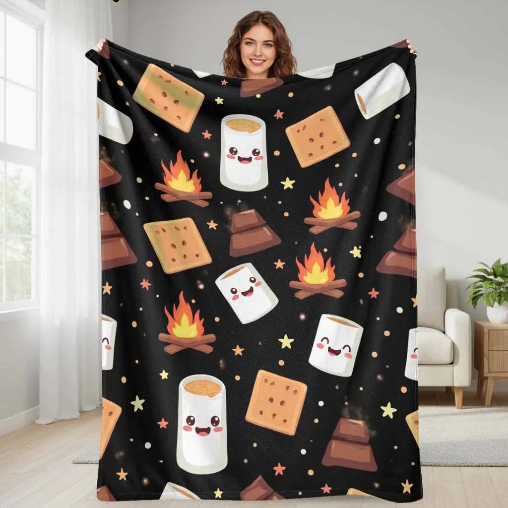 S'mores Campfire Flannel Throw Blanket - Flannel Fabric, Cartoon Marshmallow-Chocolate-Cookie Prints, Wrinkle Resistant, Anti-Pill, Soft Warm Lightweight Breathable Plush, Multi-Size (50*60in Teens, 60*80in Adults), Ideal for Camping, Daily Office Life