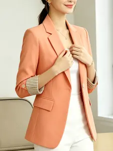 A fashionable women's coral folding striped seven quarter sleeved suit jacket, suitable for commuting to work, shopping, outdoor activities, indoor and outdoor dressing