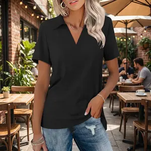 Women's Short Sleeve V-Neck Polo Shirt - Casual Loose Collared Summer Top Tee Comfortable Breathable Fabric Perfect for Daily Wear Shopping Leisure Fashion Style Essential Clothing