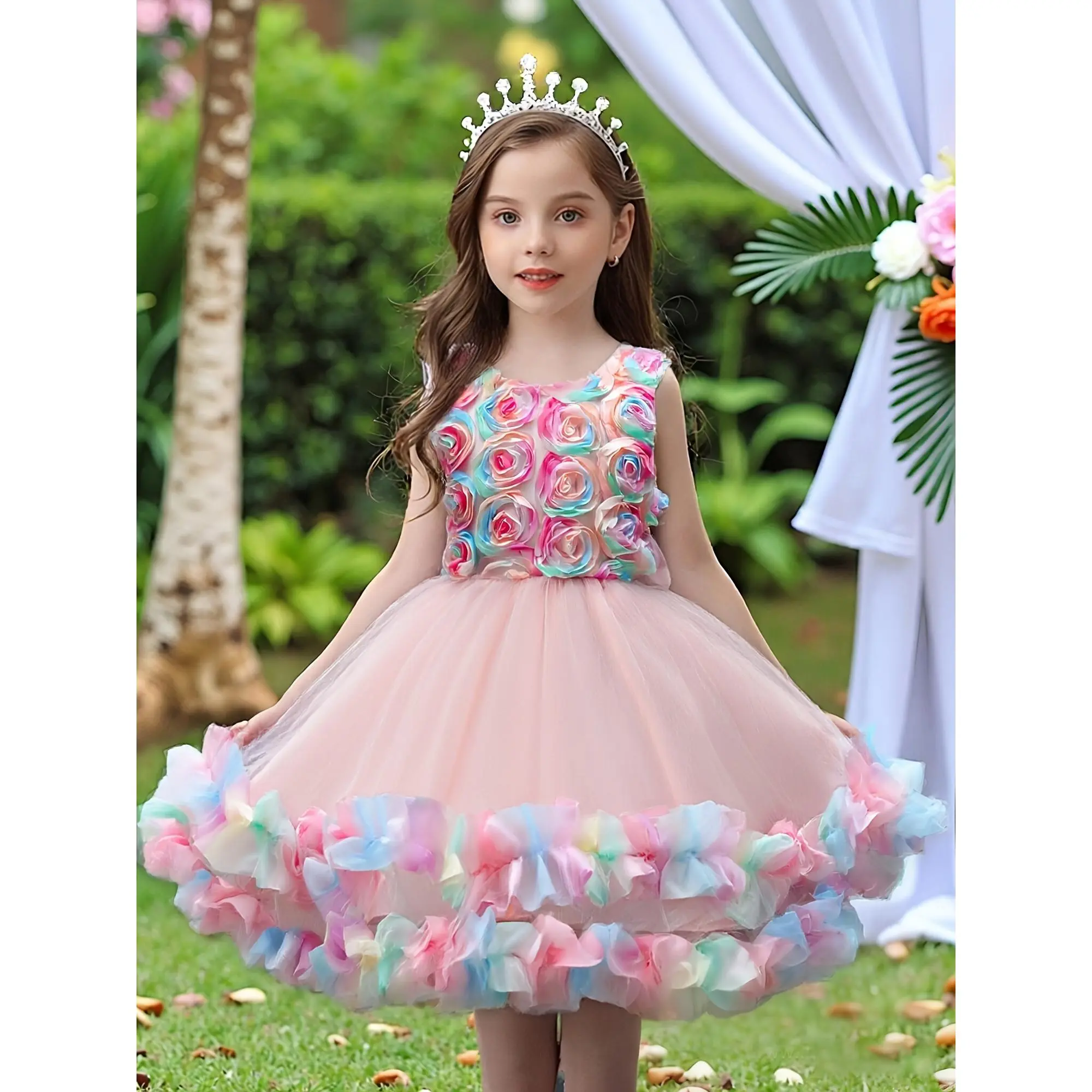 Colorful Gradient Princess Dress |   Sleeveless with Large Round Puffy Hem, Multi-layer Pleated Mesh, Ruffle Edge Decoration, Upper Body Color Blending Design, Skin Friendly, Sweet Dressing Performance for Summer