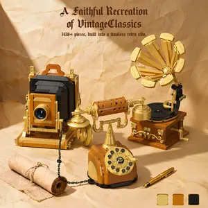 Serenity in Retro: Capturing Lost Moments - 3-in-1 Classic Vintage Building Blocks, Retro Camera, Phone & Record Player Set for Adult Collectors