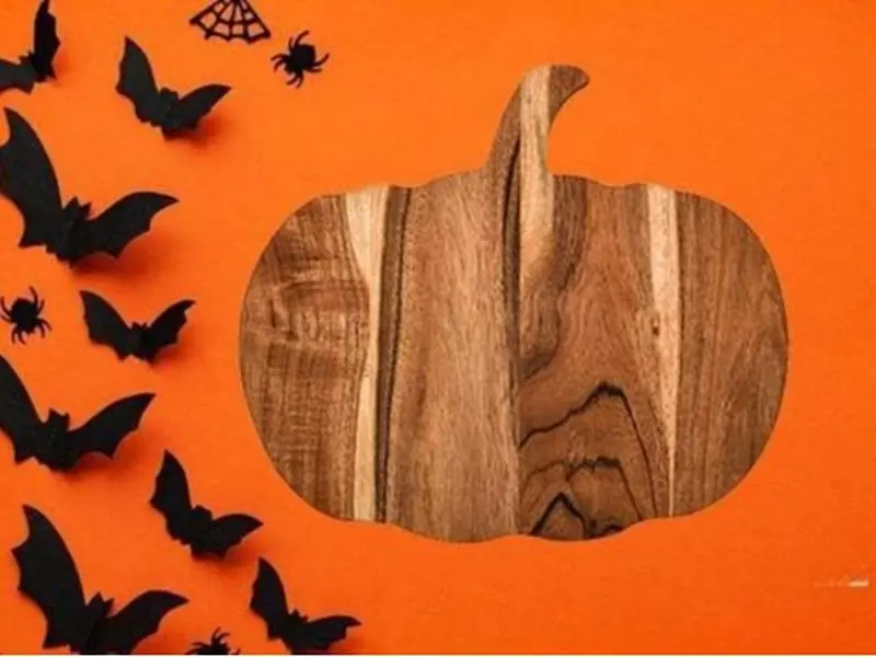 Halloween Pumpkin Wood Cutting Board – 12x13” Gothic Charcuterie & Serving Platter with Handle