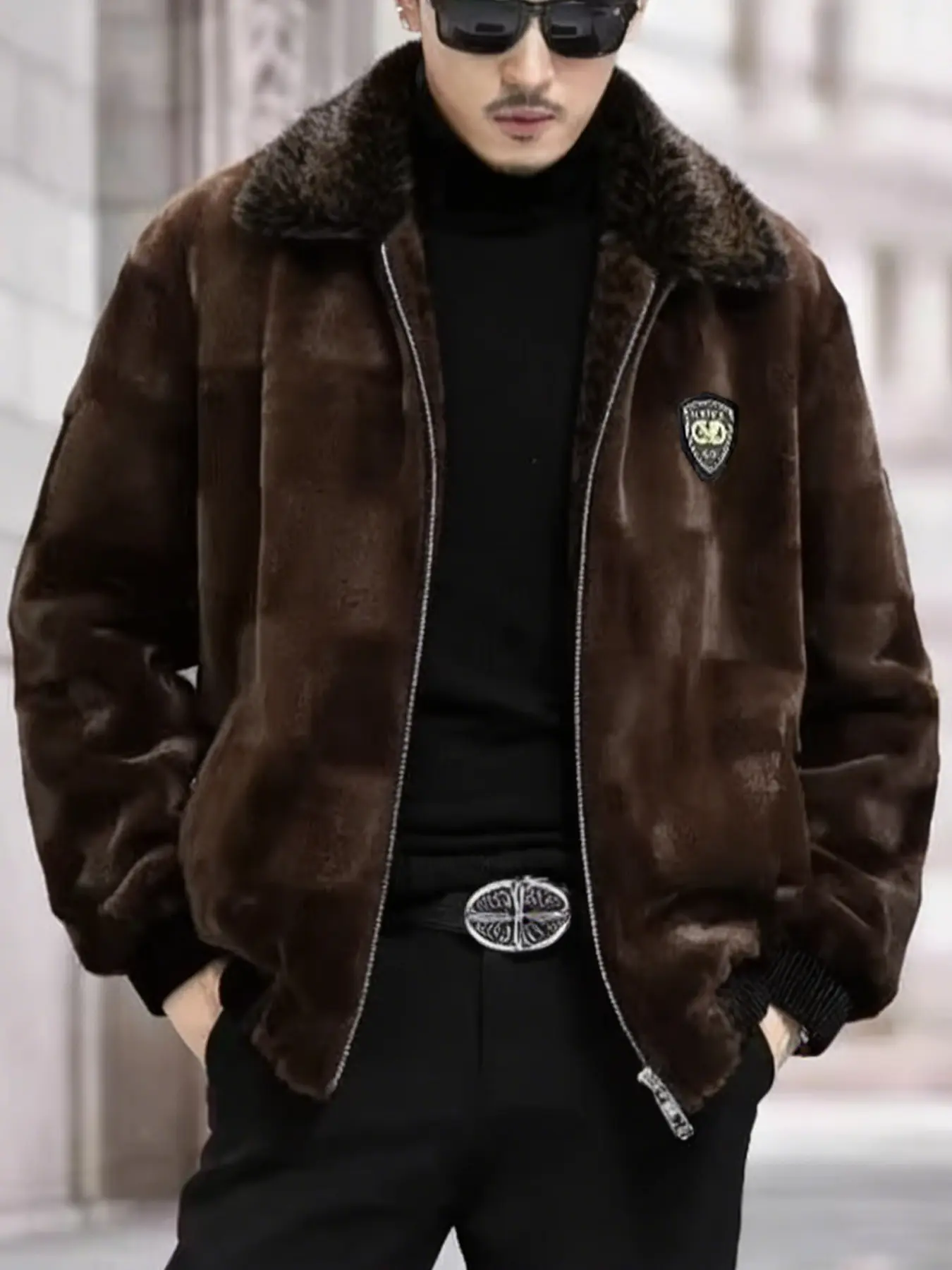 Men's Plaid Faux Fur Coat with Eagle Badge, Long Sleeve Slim Fit Casual Outerwear, Knee-Length Warm Jacket, Fashionable and Versatile