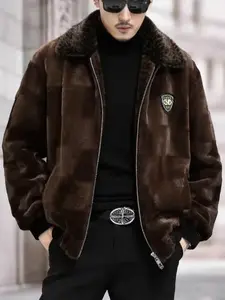 Men's Plaid Faux Fur Coat with Eagle Badge, Long Sleeve Slim Fit Casual Outerwear, Knee-Length Warm Jacket, Fashionable and Versatile