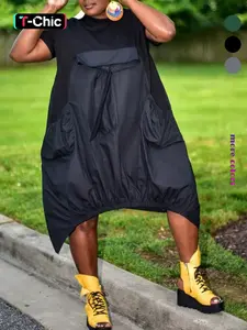 Women's Leather Patchwork Pocket Dress, Vintage Casual Style, Short Sleeve Midi Dress, Loose-Fitting Plain Design, Perfect for Everyday Wear, Womenswear