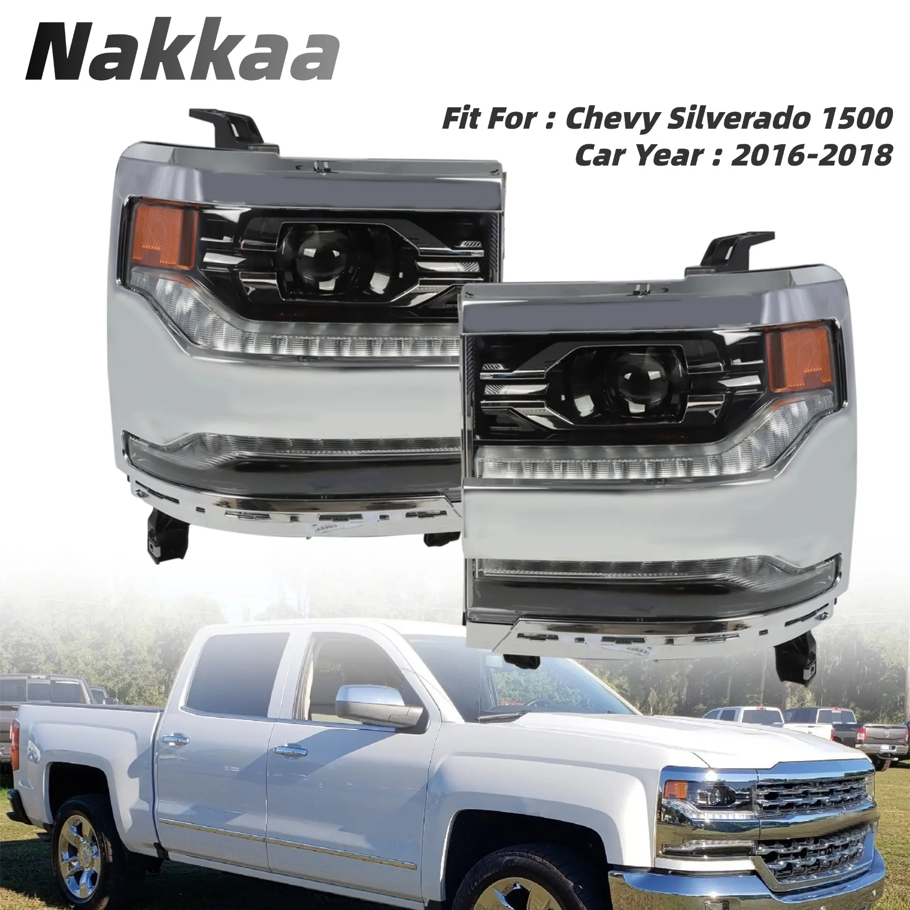 Nakkaa Full LED Projector Headlight Set For 2016-2018 Chevy Silverado 1500 Factory LED Model, Chrome Housing Clear Lens, Chevy Silverado Accessories ,Direct Swap Direct Replacement, Low/High Beam Night Driving Factory Look Headlamp Assembly (Left+Right)