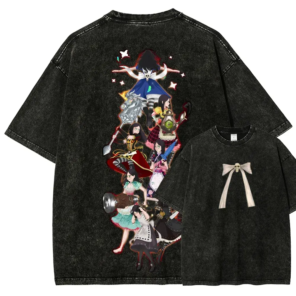 Alice Madness Returns Inspired Dark Fantasy Character Graphic Washed Black T Shirt, Alice Adventure Artwork Print Oversized Vintage Tee, 100% Cotton Gothic Streetwear Top, Retro Gaming Style Shirt for Fans & Casual Wear