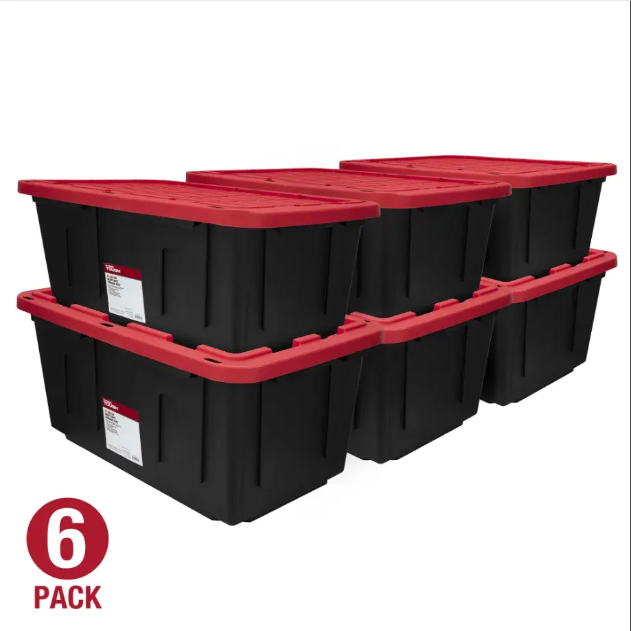 (6 pack) Hyper Tough 27 Gallon Large Storage Bin with Snap Lid, Black and Red, Heavy Duty Plastic Storage Container
