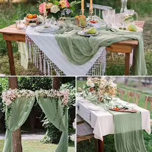 Boho Sage Sheer Table Runner, 55x180cm/90x180cm/90x300cm, Rustic Dining Decor, Wedding Party Autumn Thanksgiving Decoration