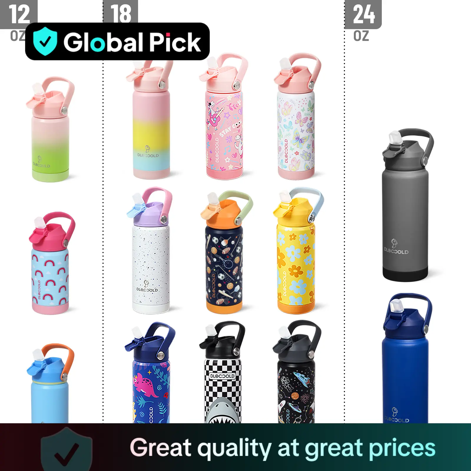 DLOCCOLD Kids Insulated Water Bottle with Leak Proof Straw Lid, Double Wall Vacuum Stainless Steel Water Bottle with Silicone Boot for Toddler, Reusab