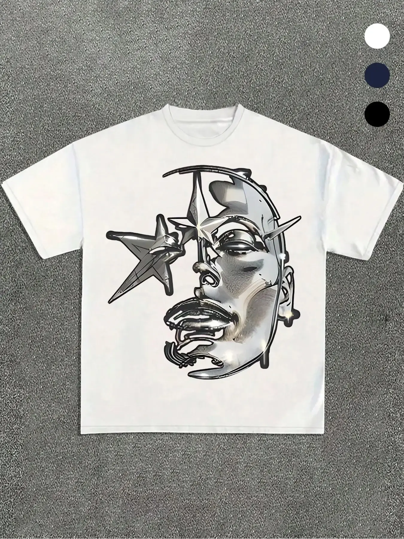 Men's Trendy Aesthetic Futuristic 'metal Starburst Metallic' Graphic Print T-Shirt, Chrome Sculpture Details, Loose Fit, Comfortable Fabric, Neutral Streetwear Casual Top, Menswear