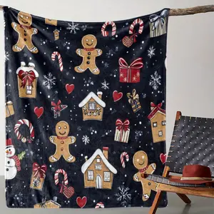 ChriVintage Christmas Gingerbread Man Holiday Throw Blanket - Wintergreen Candy Cane Sugar House Snowflake Heart Print - Cozy Soft Flannel Fleece for Sofa, Bed, Office, Camping, Travel - All-Season Gift Blanket, Digital Print, Knitted 250-300gsm Polyester