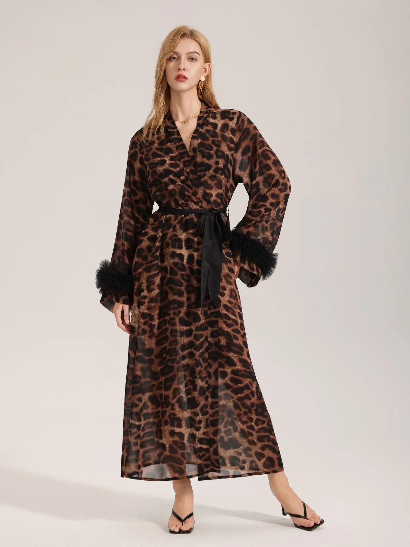 Leopard Print Pearl Lace Textured Belted Robe for Women, Long Sleeve, V Neck Deep Cut, Soft Comfortable Chic Elegant Home Wear, Nightwear, Loungewear, Perfect Valentine's Day Gift, Womenswear, Bathrobe Loungewear