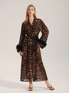 Leopard Print Pearl Lace Robe for Women, V Neck Deep Cut, Soft Comfortable Home Wear, Loungewear, Perfect Valentine's Day Gift