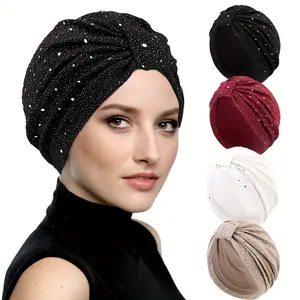 Elegant Glittering Polyester Turban Cap - 1pc Women's Knotted Headwrap, Muslim Headscarf, Middle Eastern Style Hair Band Accessory