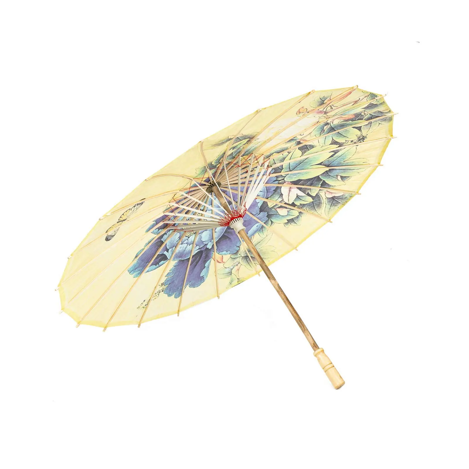 Thy Home 33 in Waterproof Oil Paper Umbrella, Handmade Traditional Chinese Bamboo-Wood Parasol with Bamboo Frame, Peony-Butterflies Design, Yellow Home Decor Wedding Gift Party Favor for Music Festivals