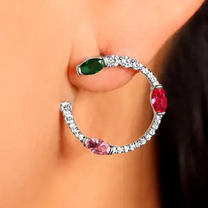 Emerald Ruby Pink Color Gemstone Circle Earrings