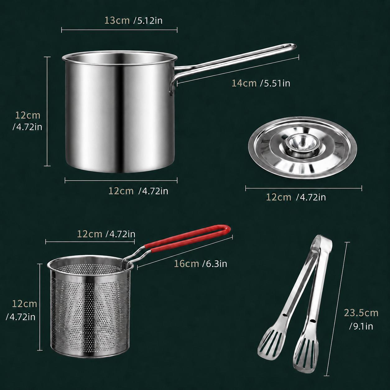 3Pcs Stainless Steel Deep Fryer Set - 5.12*4.72in 1-Person Mini Pot with Fry Pot, Filter Basket & Food Clip, Rust-Resistant Portable Cookware for Home Kitchen Chips, Chicken Wings 3Pcs Stainless Steel Deep Fryer Set - 5.12*4.72in 1-Person Mini Pot with Fry Pot, Filter Basket & Food Clip, Rust-Resistant Portable Cookware for Home Kitchen Chips, Chicken Wings
