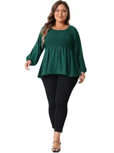 Agnes Orinda Women's Plus Size Top Smocked Peplum Crew Neck Long Sleeve Babydoll Chiffon Shirt Top