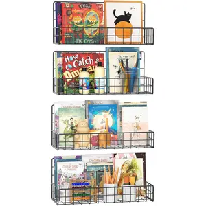 MFTEK Wall Mounted Metal Kids Bookshelf - Wall Book Shelf for Kids Rooms, Hanging Book Shelves Organizer for Room Decor, Nursery Classroom Home Floating Bookshelves Gloss Black 4 Pack
